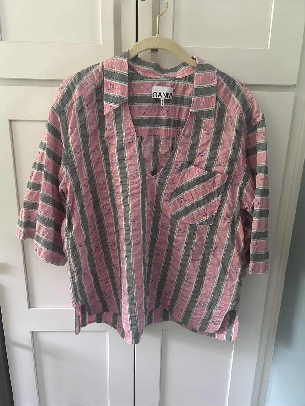 Ganni Pink and Gray Vertical Stripe Short-Sleeve Button Down Tunic